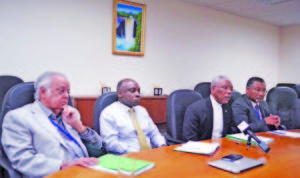  From left: Sir Shridath Ramphal, Foreign Affairs Minister Carl Greenidge, President David Granger and Permanent Representative to the UN, Ambassador Rudolph Michael Ten-Pow 