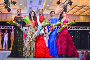 Newly crowned Miss Universe Guyana Soyini Fraser flanked by first runner-up, Rafieya Husain (second from left), second runner-up, Ariella Basdeo (second from right), third runner-up Ashley John (right) and fourth runner-up Ayana Whitehead (Dexter Ceres photo)