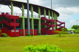 The repainted exit stairways in the red stand 