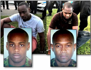 Ex-Special Forces officers Devon Edwards, left, and Steve Douglas, who were held by the Highway Patrol with illegal guns in Charlieville, Chaguanas, on Wednesday. (Trinidad Guardian photos) 