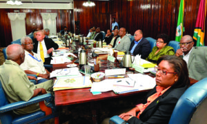 President David Granger along with members of the Cabinet at a meeting with GuySuCo’s Board of Directors