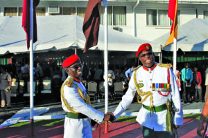 Outgoing Brigadier George Lewis and the New Chief-of-Staff Brigadier Patrick West 