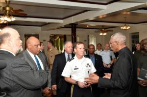 President David Granger conversing with Military Deputy Commander of the United States (US) Southern Command (SOUTHCOM), Lieutenant General Joseph DiSalvo before their meeting at State House. Ambassador Perry Holloway and Minister of Natural Resources, Mr. Raphael Trotman and are left and second from left respectively.