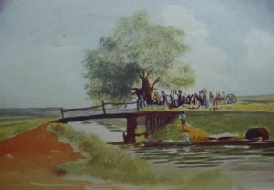 Morning at the bridge, scene on East Coast , Demerara.  Watercolour by R.G. Sharples