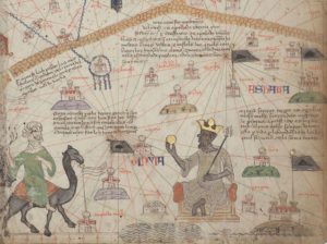 A Catalan Atlas showing the Western Sahara. Mansa Musa is seen seated holding a gold coin. Attributed to Abraham Cresques, Wikimedia Commons