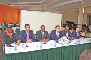 The members of the head table at the press conference at the Guyana Pegasus on Tuesday. From left; President of Aruba Football Federation Richard Dijkhoff, Guyana Football Federation PresidentWayne Forde, CONCACAF President Victor Montagiani, St Marteen Football Federation President Fabrice Baly and Member Associations and Legal Affairs of CONCACAF Director Marco Leal