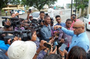 Opposition Leader  Dr. Bharrat Jagdeo speaking to the media after he was released by SOCU agents