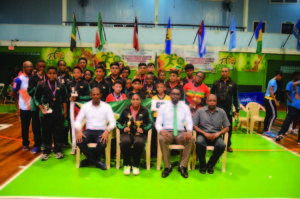 Team Guyana!  Seated (L-R) President of the Guyana Table Tennis Association Godfrey Munrore, Priscilla Greaves, Director of Sport Christopher Jones and Guyana Olympic Association  Charles Corbin 