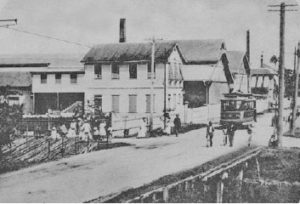 Utility poles on Lombard Street, British Guiana circa 1903